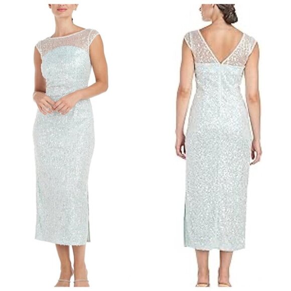 JS Collections CLAIRE Tea Length Sequined Dress Sz 10 Light Aqua Frozen - Picture 1 of 11
